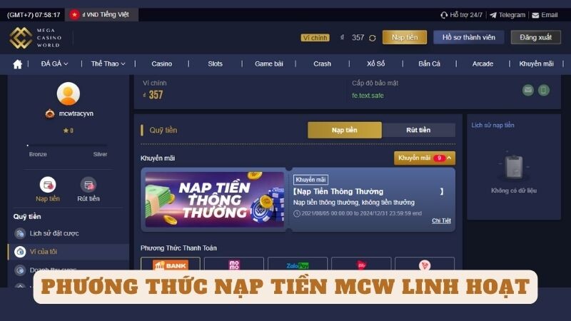 nạp tiền mcw linh hoạt